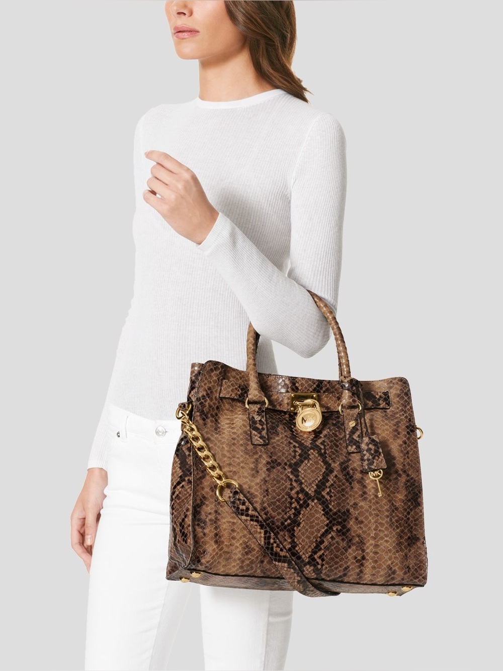 Michael Kors Hamilton satchel Snake Leather Brown Purse GUC 2 charm + key chain
